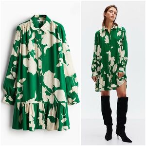 Green/Cream Floral Oversized Shirt Dress (S)